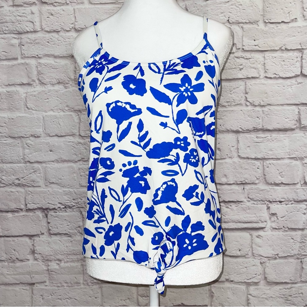 PINK DESERT TIE FRONT BLOUSON TANKINI SWIM TOP BLUE FLORAL SZ L